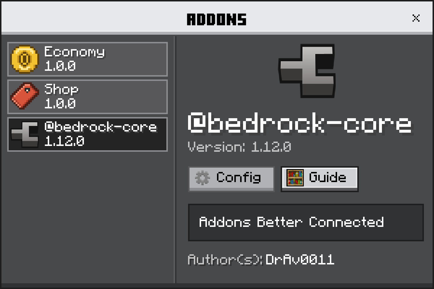 The catalog, with a row per registered addon