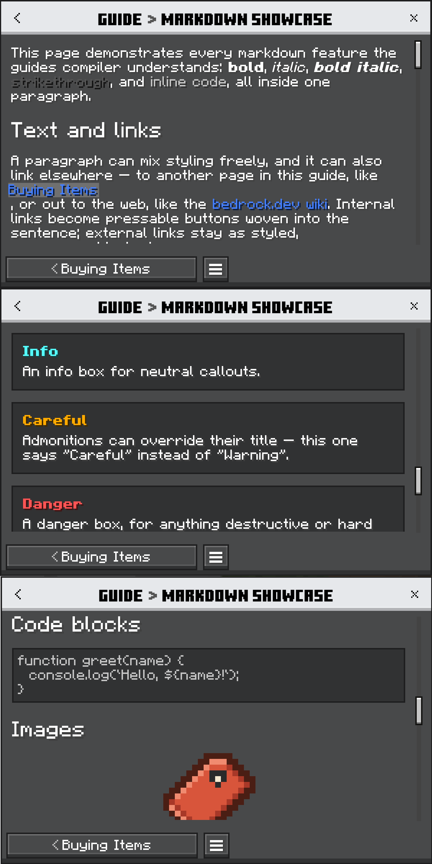 An in-game guide page rendered MDX